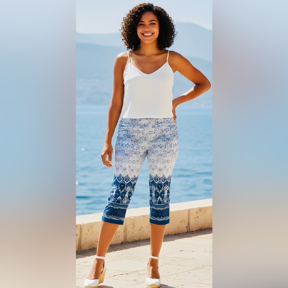 EUC Lands End SZ 12 blue/white print crop pant/2 front, 2 rear pockets/waist 34”